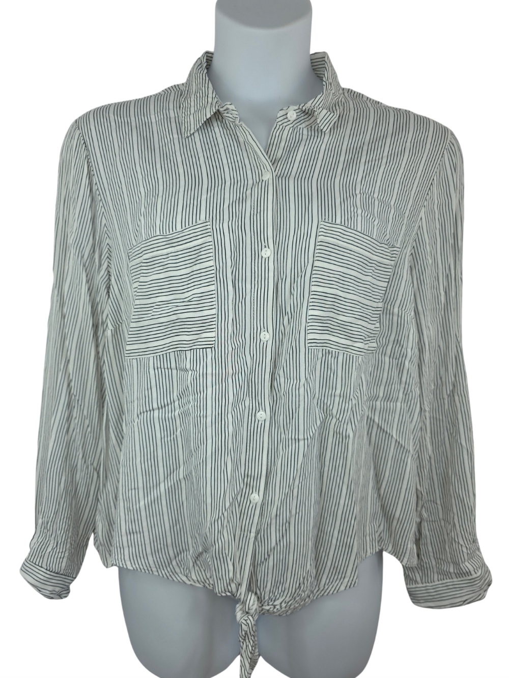 Dizzy Gal 2X Striped Tie-Hem Button-Down Shirt - White/Black 3551-AP